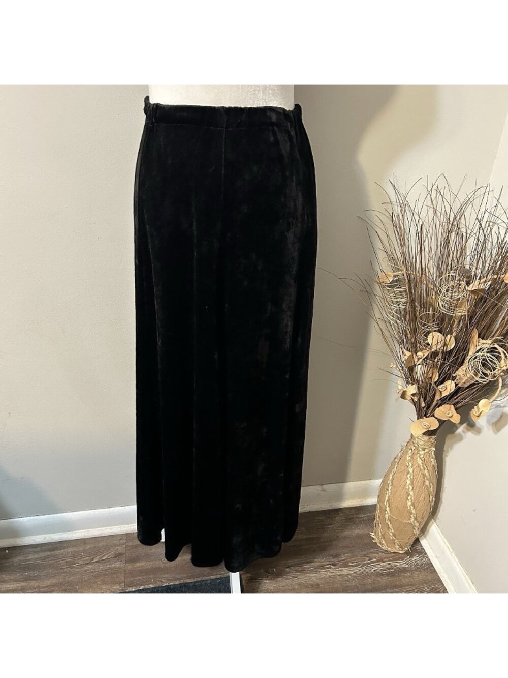 Vtg Carole Little Women Black Maxi Skirt Crushed Velvet Elastic Waist A-line S